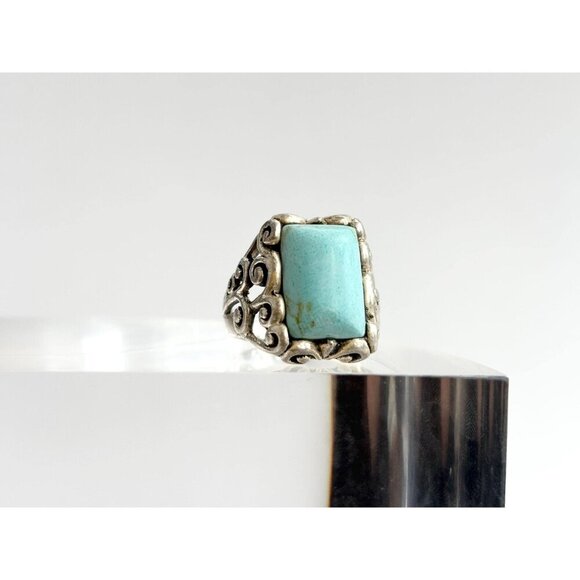 Natural Turquoise Rectangular Southwest Vintage Sterling Silver Ring - sz 8 - Picture 3 of 10